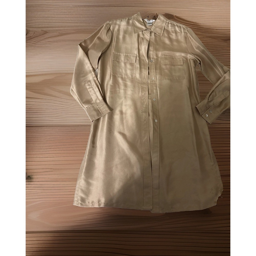 Allison Taylor 100% Silk Shirt Dress S Champagne Gold Long Sleeve Tunic